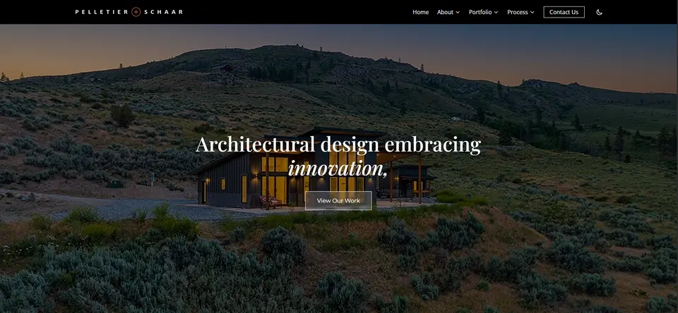After: the redesigned Pelletier + Schaar website on a laptop. The homepage is a full-width photo of a modern house beside the water, with the headline Built for the site.