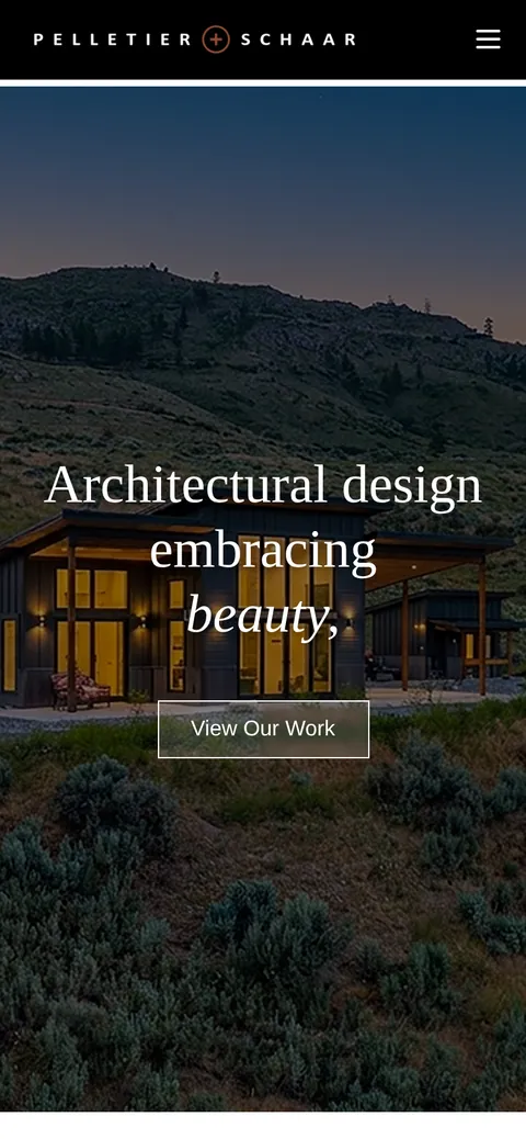 The Pelletier + Schaar website on a phone. The screen shows a photo of a modern house and the words Architectural design embracing beauty, innovation, and your vision.