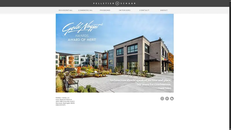 Before: the previous Pelletier + Schaar website. A white page with the firm name, the heading Architecture, and a project photo.
