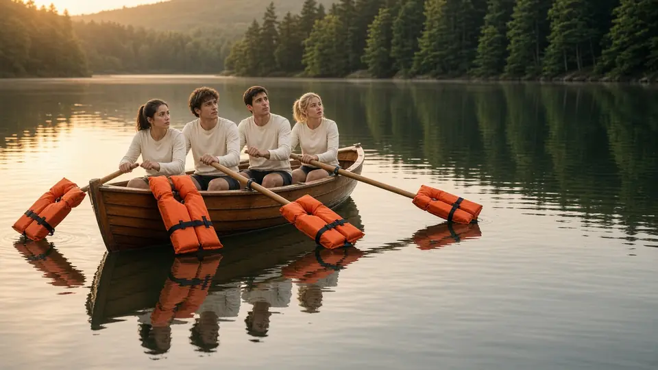 Rowing crew with life vests strapped to their oars, boat sitting still